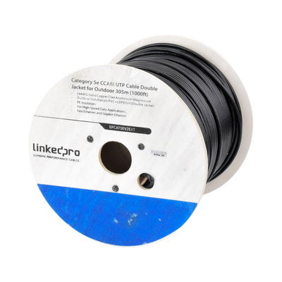 LinkedPRO EPCAT5EV2EXT Cat5e Outdoor Cable 1000ft (305m) - Double Jacket Waterproof Ethernet Reel - Black (CCA)