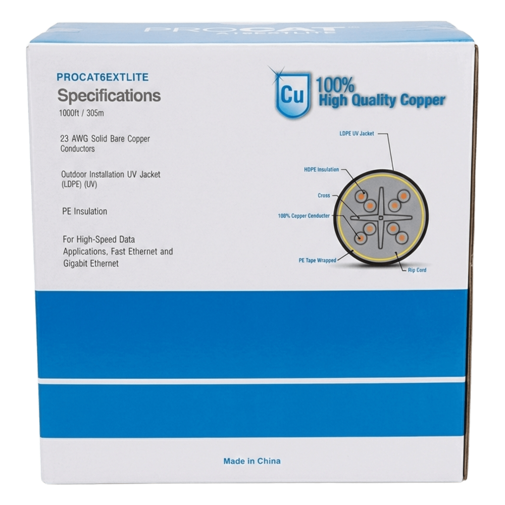 LinkedPRO PROCAT6EXTLITE Cat6 UTP Outdoor Bulk Cable | 23 AWG Solid Copper | 1000 ft (305m) | UV-Resistant | PoE+ | CMX Rated | Black