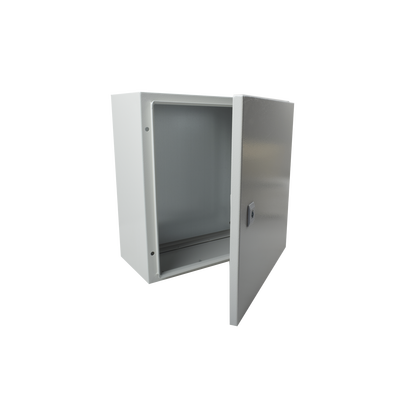 Precision PST404020A Single Door Wall Mount Enclosure (15.75 x 15.75 x 7.87 in) and Metal Backplate for equipment assembly.