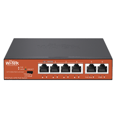 Wi-Tek WIPS205V4 Long-Range PoE (802.3af/at/bt) Switch with 4 x 10/100Tx PoE Ports and 2 x 10/100Tx Uplink, 65W