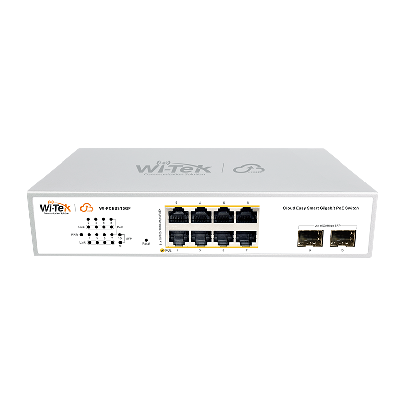 Wi-Tek WIPCES310GFV2 10-Port Gigabit PoE+ Smart Switch with 2x SFP, 120W PoE Budget, Cloud Management, Anti-Loop, QoS, ONVIF, and Link Aggregation