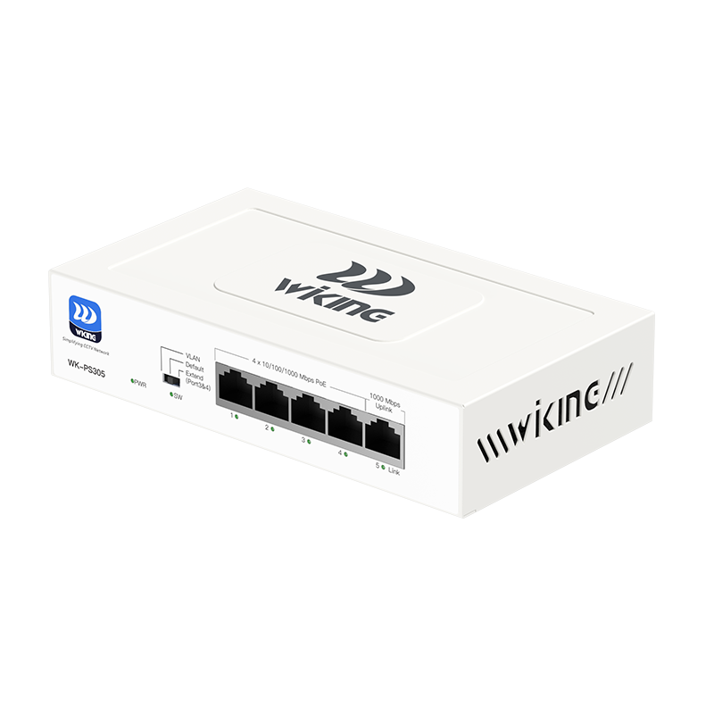 Wi-Tek WKPS305 Smart Switch: 4 PoE Gigabit Ports + 1 Uplink, Extended Reach Up to 250m, Auto-Reboot Port Watchdog, and Fanless Design, 45W PoE Budget