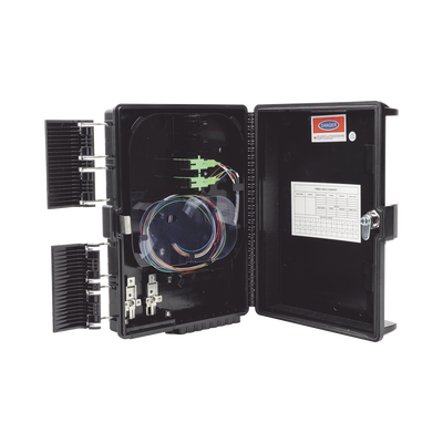 Fiberhome GFS8G Fiber Distribution Box, 24 Splices, IP65, Black, Indoor/Outdoor, with 8 SC/APC adaptors and 1x8 splitter
