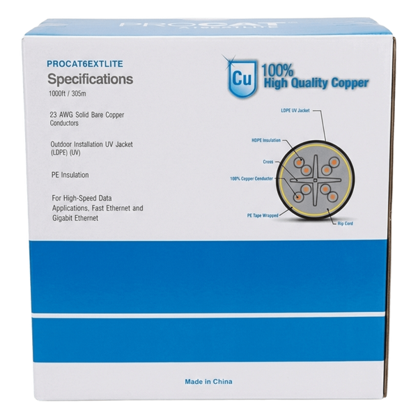 LinkedPRO PROCAT6EXTLITE Cat6 UTP Outdoor Bulk Cable | 23 AWG Solid Copper | 1000 ft (305m) | UV-Resistant | PoE+ | CMX Rated | Black