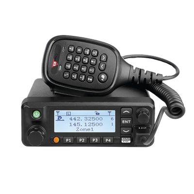 Txpro TXM9600 DMR Dual Band Mobile Radio 136-174 MHz for VHF and 400-480 MHz for UHF, includes DTMF microphone and installation accessories.
