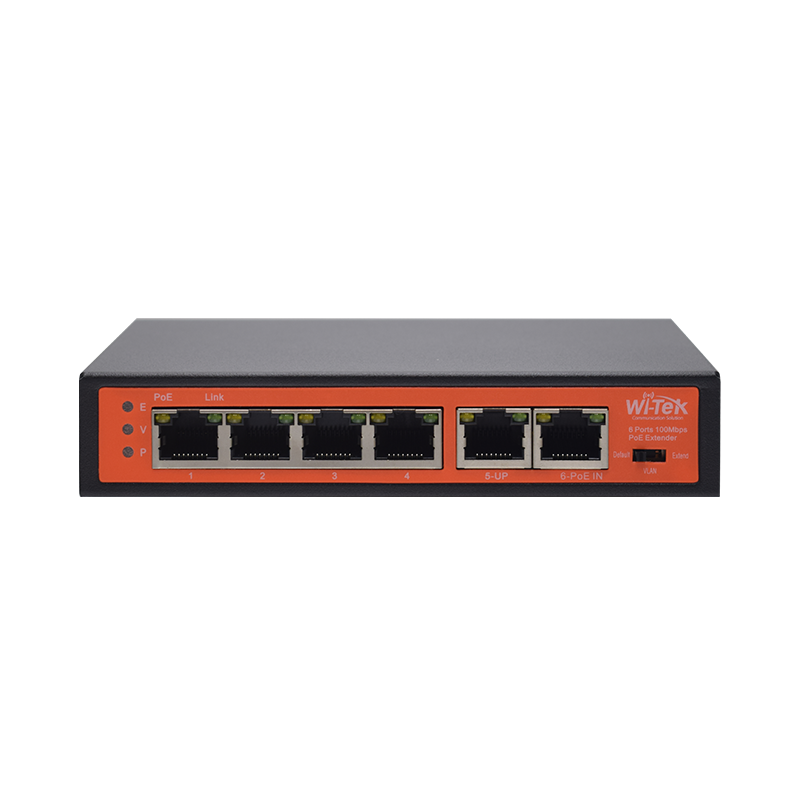 Wi-Tek WIPE51E 5-Port Fast Ethernet PoE Extender with 802.3bt 60W Input, 4x PoE Outputs (30W), VLAN, Extend Mode (250m), and Desktop Mount