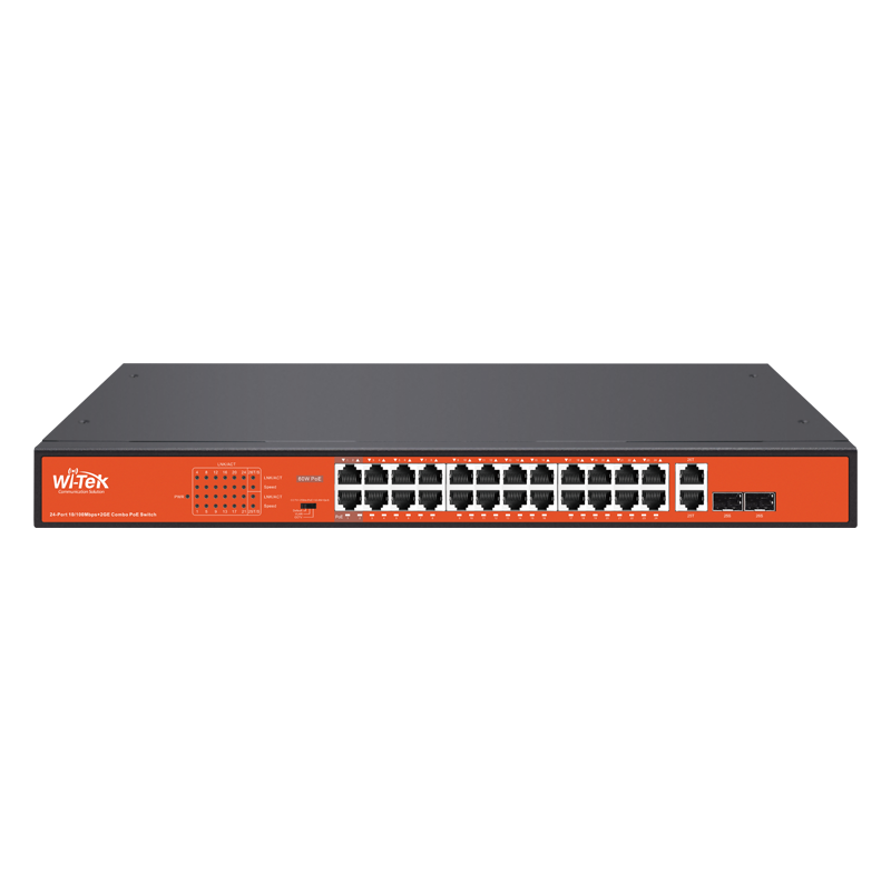 Wi-Tek WIPS526GV4 24-Port Fast Ethernet PoE Switch with 2x Combo SFP, Hi-PoE (60W), 250m Extend Mode, 250W PoE Budget, DIP Switch, and CCTV