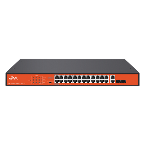 Wi-Tek WIPS526GV4 24-Port Fast Ethernet PoE Switch with 2x Combo SFP, Hi-PoE (60W), 250m Extend Mode, 250W PoE Budget, DIP Switch, and CCTV
