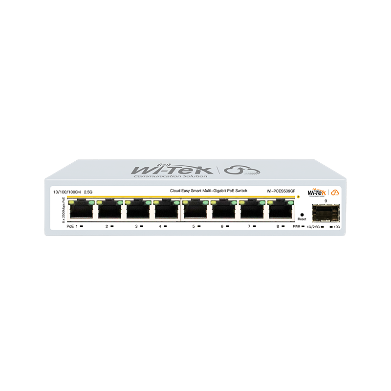 Wi-Tek WIPCES509GF 8-Port 10M | 100M | 1G | 2.5G PoE+ Cloud Switch with 1x 1G | 2.5G | 10G SFP+ Uplink, ONVIF Support, and Silent Fanless Design